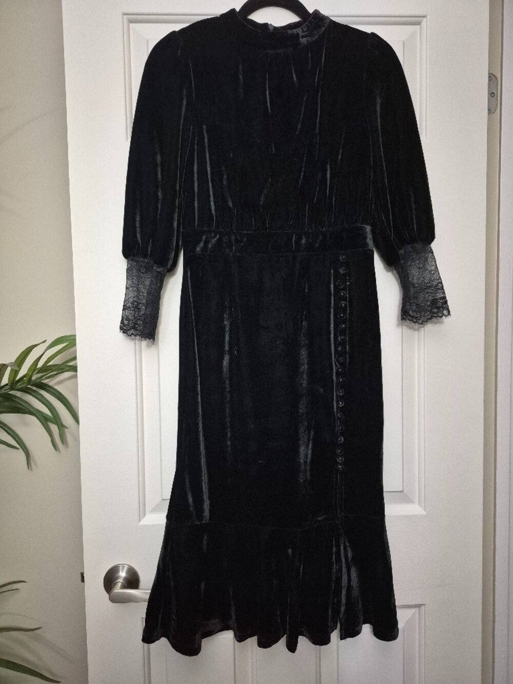 Dalia MacPhee Black Velvet Midi Dress Lace Illusion Back Cuffs S